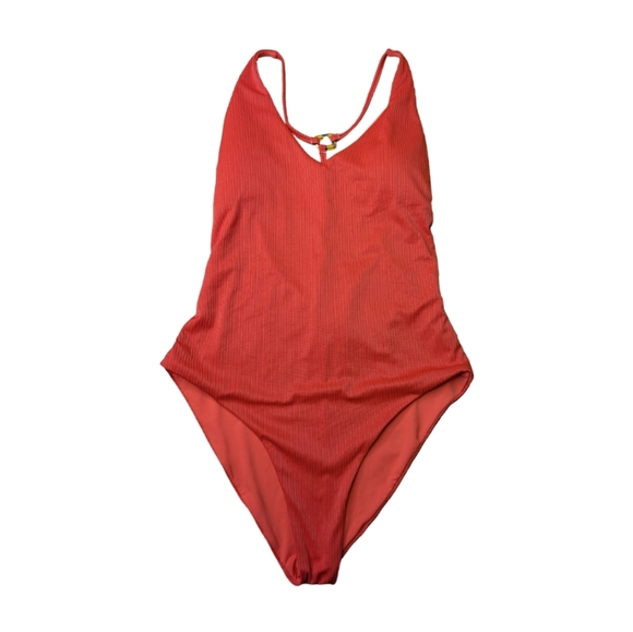 2/$25-Miss Adola Ribbed T-back One Piece Orange/Red Lower Back Belt Cinch Vneck - Picture 2 of 8